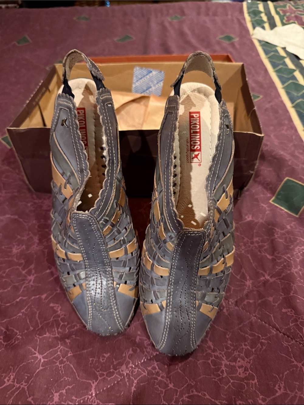 PIKOLINOS Blue and Tan Woven Leather Sling-Back Flats
